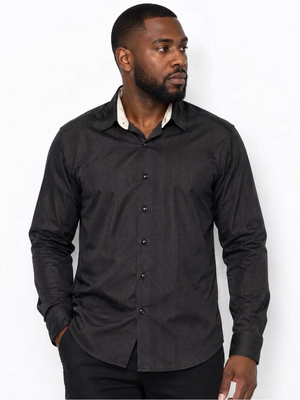 NWT Tasso Elba Black Long-Sleeve Dress Shirt with Contrast Inner Collar